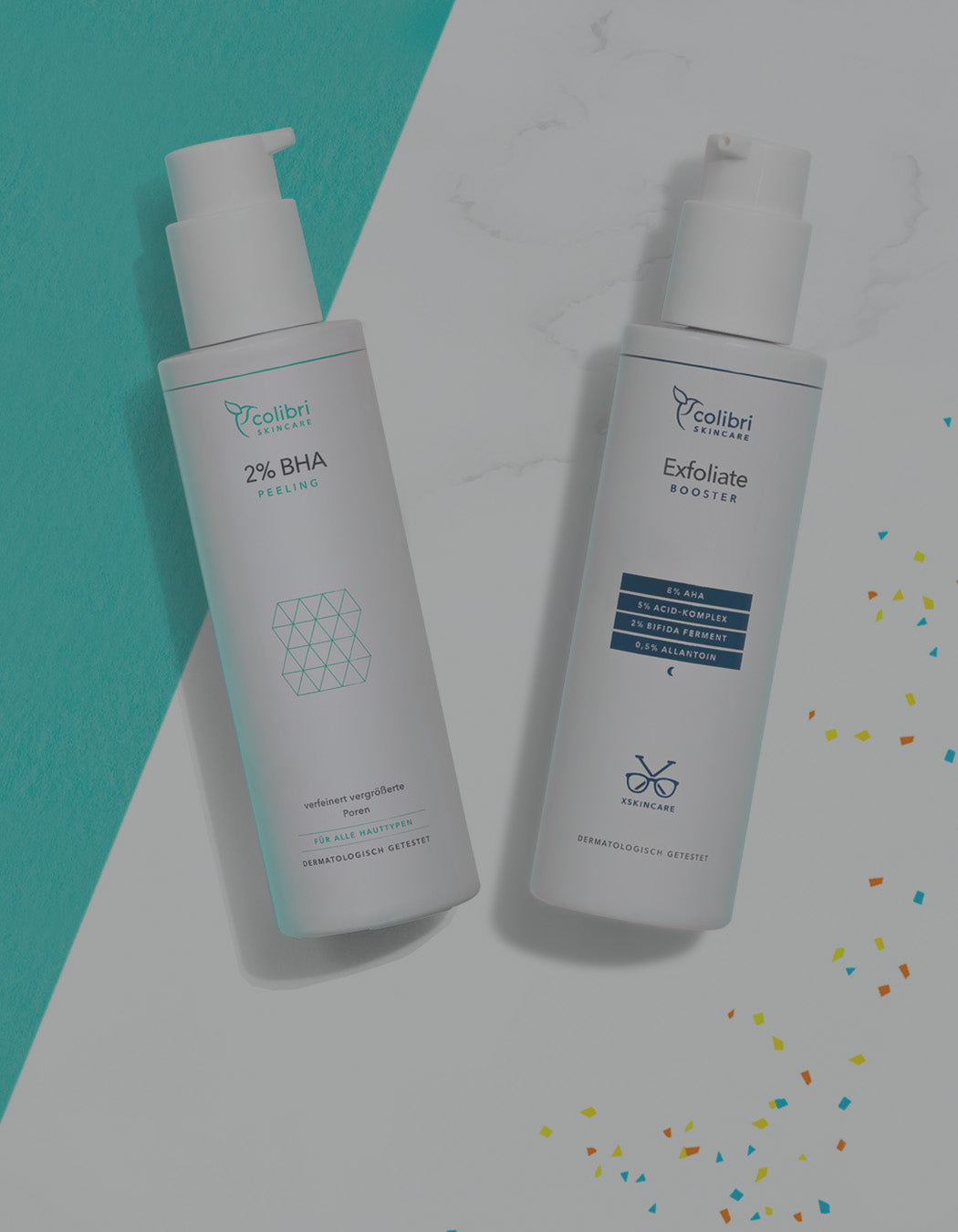 Zwei Flaschen Hautpflegeprodukte auf einem türkis-weißen Hintergrund mit buntem Konfetti.