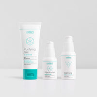 Drei Kosmetikprodukte von Colibri: Reinigungsgel, Hyaluron-Booster und beruhigender Feuchtigkeitsspender auf hellem Hintergrund.